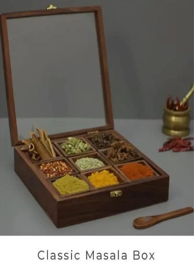 AD ARTS Indian Essence Wooden Square Masala Box With Spoon For Kitchen | Wooden Masala Dani For Kitchen | Masala Dabba - Image 3