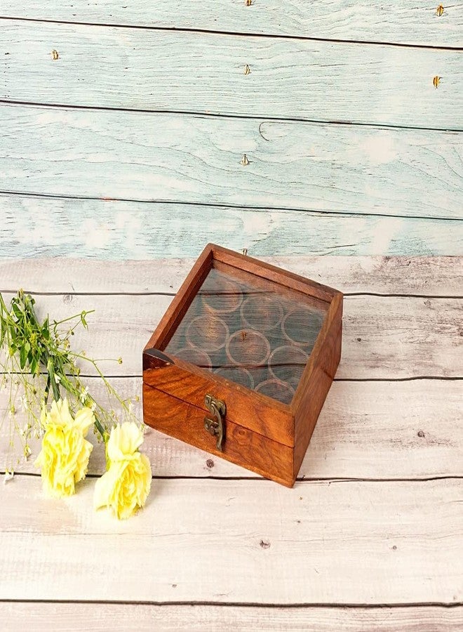 AD ARTS Indian Essence Wooden Square Masala Box With Spoon For Kitchen | Wooden Masala Dani For Kitchen | Masala Dabba - Image 4