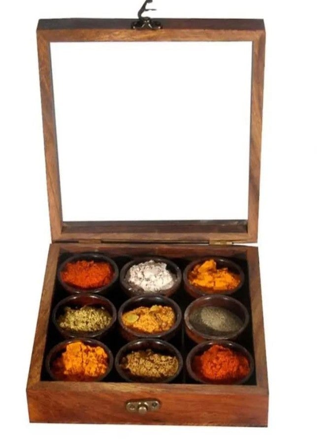AD ARTS Indian Essence Wooden Square Masala Box With Spoon For Kitchen | Wooden Masala Dani For Kitchen | Masala Dabba - Image 2