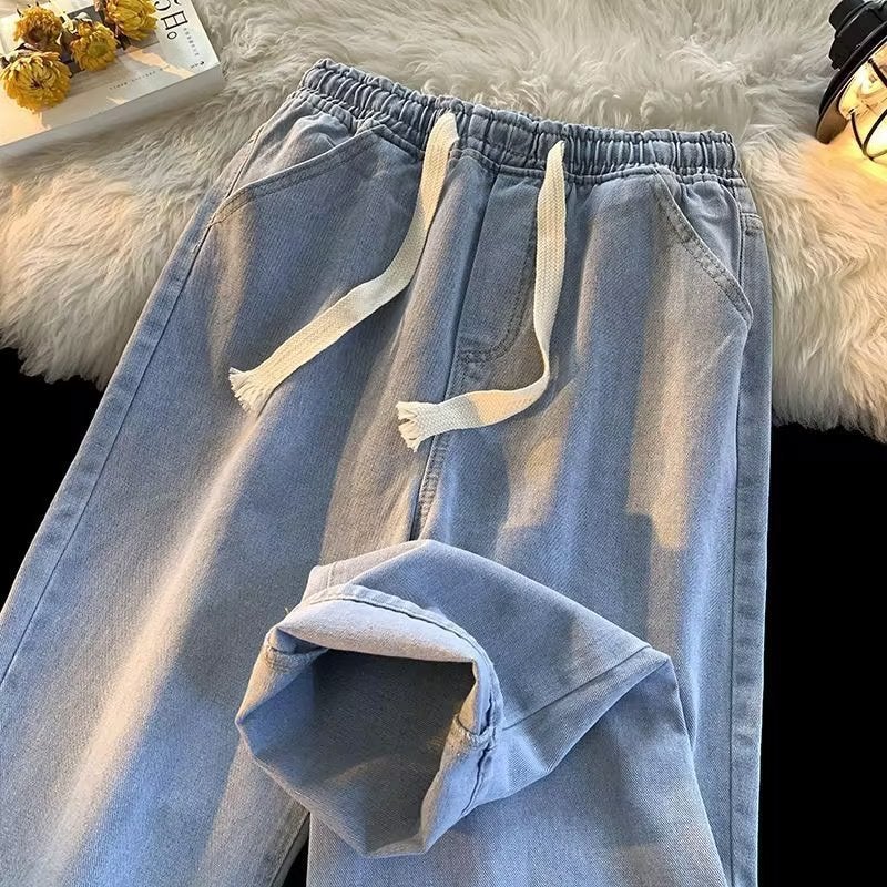 elastic waist jeans mens high sense straight tube loose American high street retro wholesale cross-border foreign trade shrimp skin explosion Light blue [discount for large orders] 