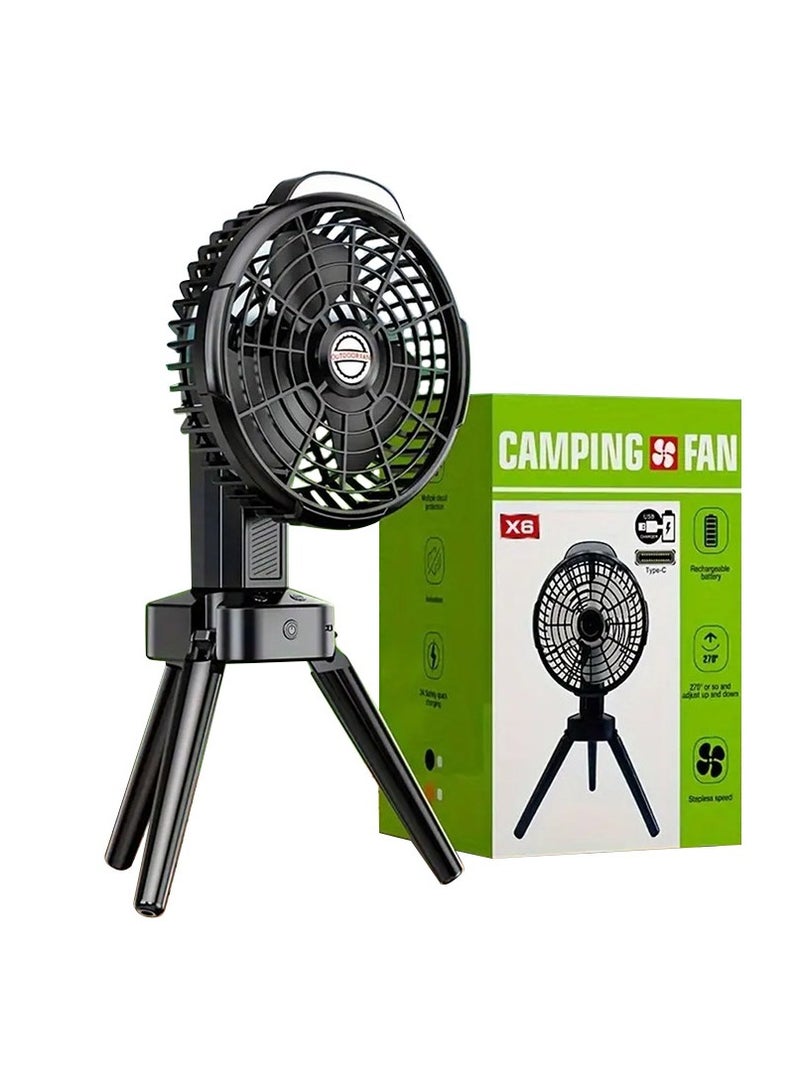 ET-LIFE 4-Speeds Portable Camping Fan with LED Light and Tripod Stand USB Rechargeable 270° Revolve Foldable  - Image 1