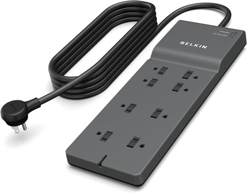 belkin Belkin 8Outlet Surge Protector w 8 AC Outlets  8ft Long Flat Plug ULlisted HeavyDuty Extension Cord for Home Office Travel Computer Desktop Laptop Phone Charger  2500 Joules of Protection  - Image 1