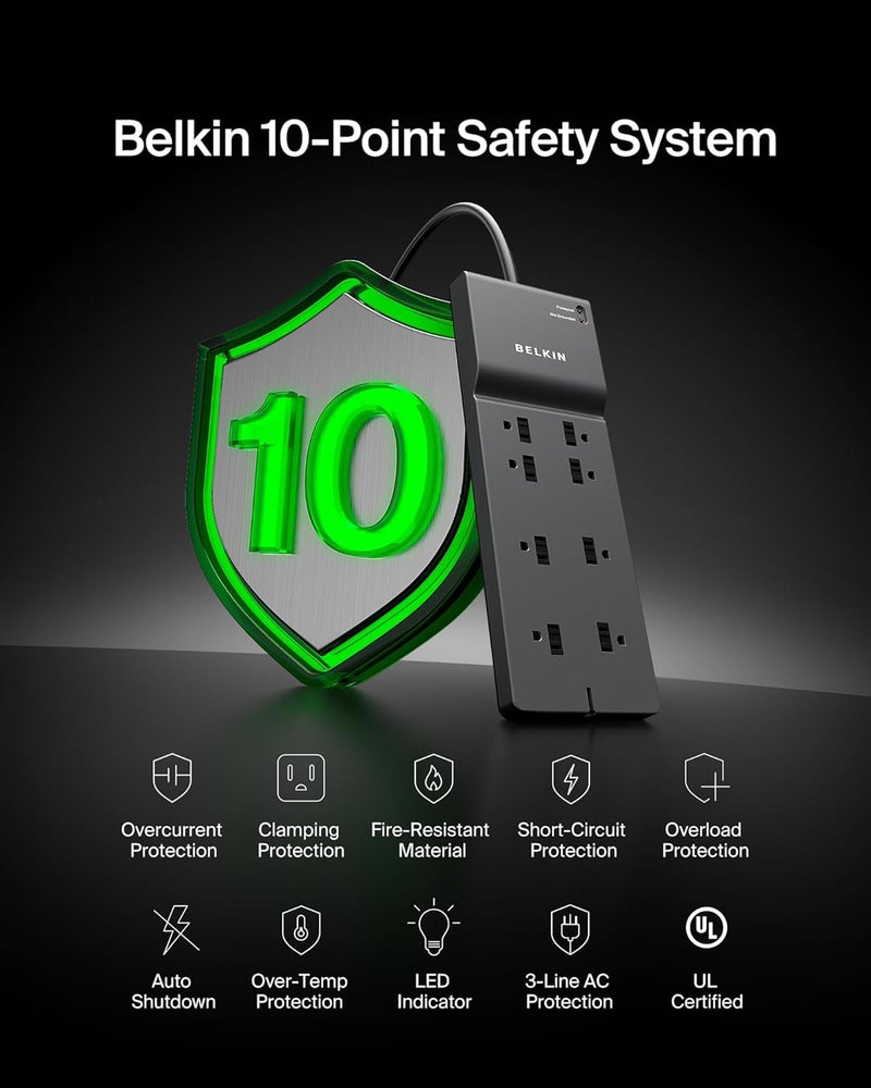 belkin Belkin 8Outlet Surge Protector w 8 AC Outlets  8ft Long Flat Plug ULlisted HeavyDuty Extension Cord for Home Office Travel Computer Desktop Laptop Phone Charger  2500 Joules of Protection  - Image 5