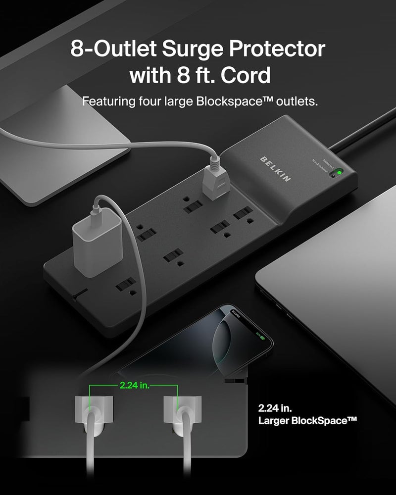 belkin Belkin 8Outlet Surge Protector w 8 AC Outlets  8ft Long Flat Plug ULlisted HeavyDuty Extension Cord for Home Office Travel Computer Desktop Laptop Phone Charger  2500 Joules of Protection  - Image 2