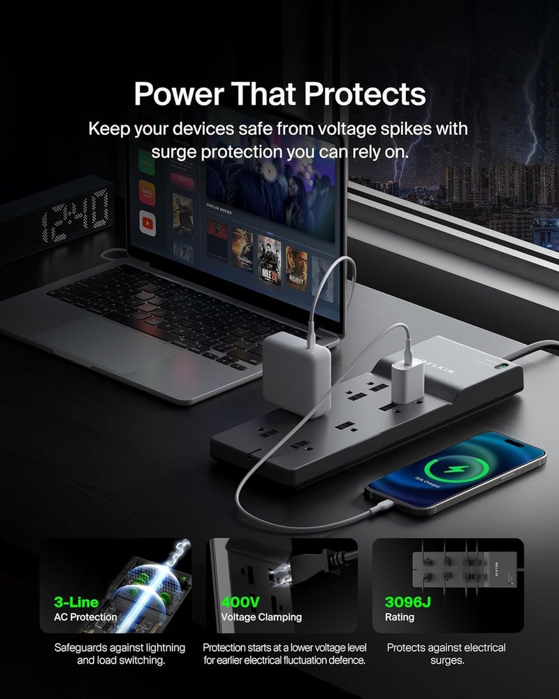 belkin Belkin 8Outlet Surge Protector w 8 AC Outlets  8ft Long Flat Plug ULlisted HeavyDuty Extension Cord for Home Office Travel Computer Desktop Laptop Phone Charger  2500 Joules of Protection  - Image 4