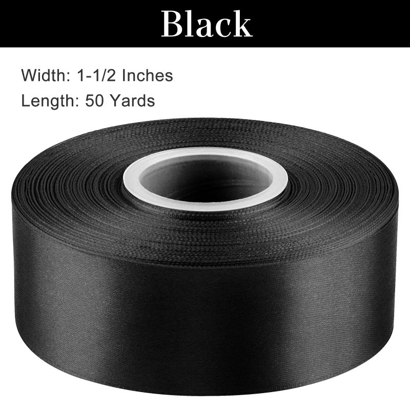 CLUEWR 1-1/2 Inches 50 Yards Black Satin Ribbon, Solid Fabric Ribbon Roll for Flower Bouquets, Gift Wrapping, Wedding, Handmade Crafts - Image 2
