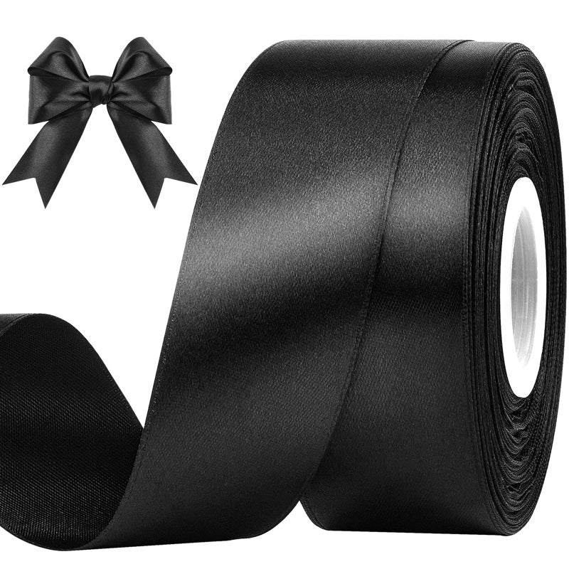 CLUEWR 1-1/2 Inches 50 Yards Black Satin Ribbon, Solid Fabric Ribbon Roll for Flower Bouquets, Gift Wrapping, Wedding, Handmade Crafts - Image 1