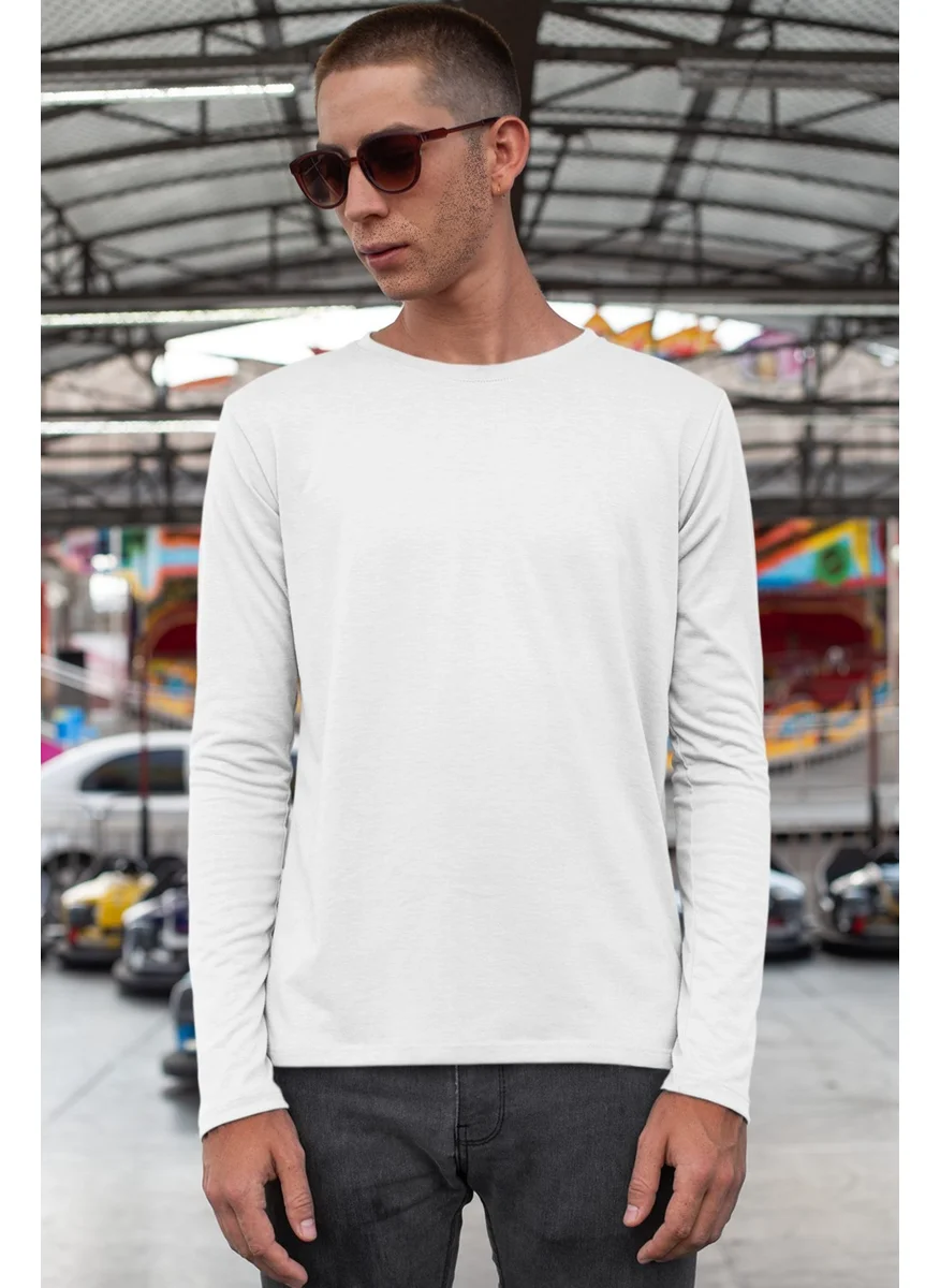 روك اند رول Plain Unprinted Basic Crew Neck White Long Sleeve Combed Cotton Men's T-Shirt