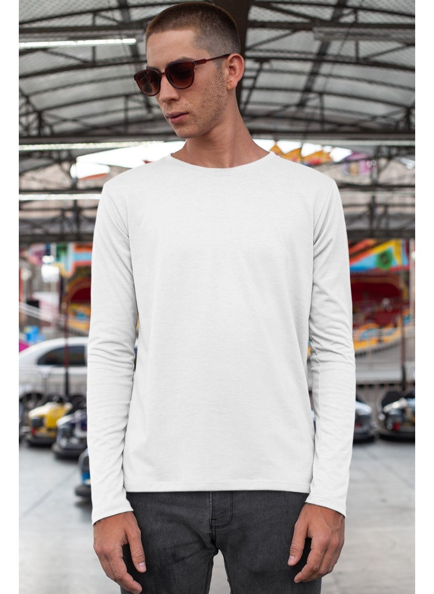 Rock&Roll - Plain Unprinted Basic Crew Neck White Long Sleeve Combed Cotton Men's T-Shirt - Image 1