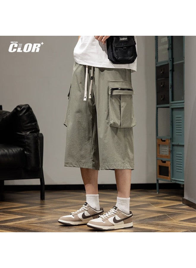 Clor Men's Summer Thin Ice Silk Quick-drying Loose Seven-point Straight Pants Ddwd04 Army Green XL - Image 3