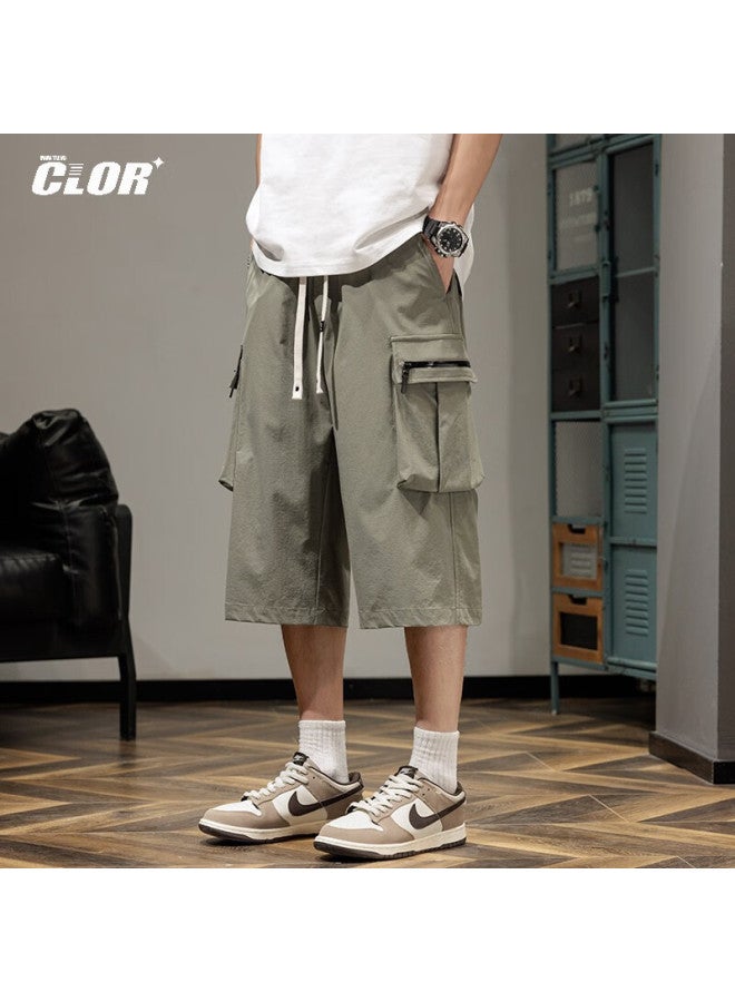 Clor Men's Summer Thin Ice Silk Quick-drying Loose Seven-point Straight Pants Ddwd04 Army Green XL - Image 1