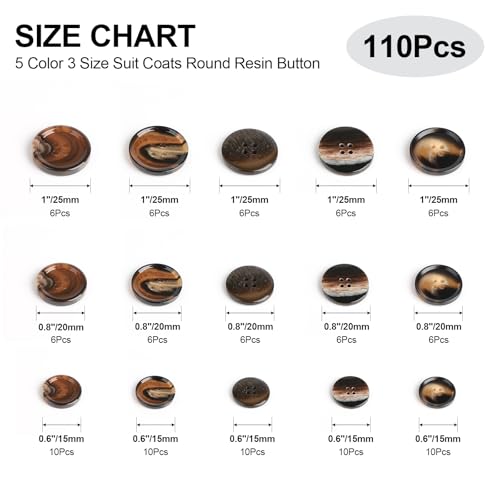 OELFFOW 110Pcs Brown Patterned Mixed Sewing Buttons, 4-Hole Craft Round Blazer Buttons, 5 Color 3 Size (15mm, 20mm, 25mm) Suit Coats Resin Button, for Variety Clothing Sewing, DIY Craft (Brown Patterned) - Image 2