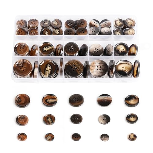 OELFFOW 110Pcs Brown Patterned Mixed Sewing Buttons, 4-Hole Craft Round Blazer Buttons, 5 Color 3 Size (15mm, 20mm, 25mm) Suit Coats Resin Button, for Variety Clothing Sewing, DIY Craft (Brown Patterned) - Image 1