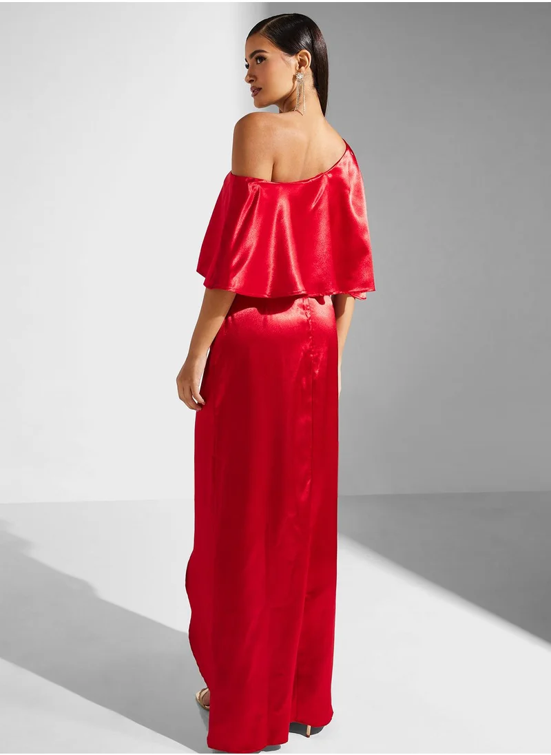 Goddiva One Shoulder Satin Slit Dress