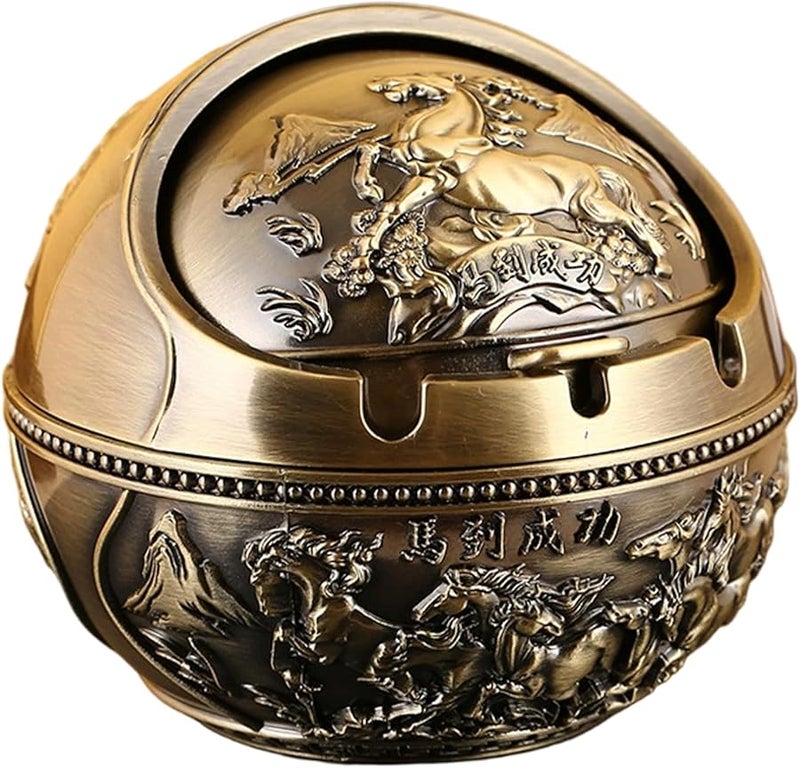 Vintage Metal Ashtray With Lid Portable Windproof For Home Car Office Outdoor - Image 2