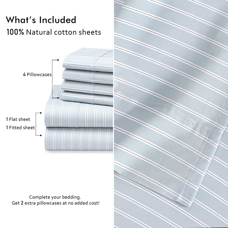 RUVANTI 6 Pcs Cotton Sheets - 100% Natural Cotton Soft, Lightweight & Breathable Crispy Percale Sheets, Full Size Bed Sheets 16" Deep Pockets, Horizon Stripes - Image 4