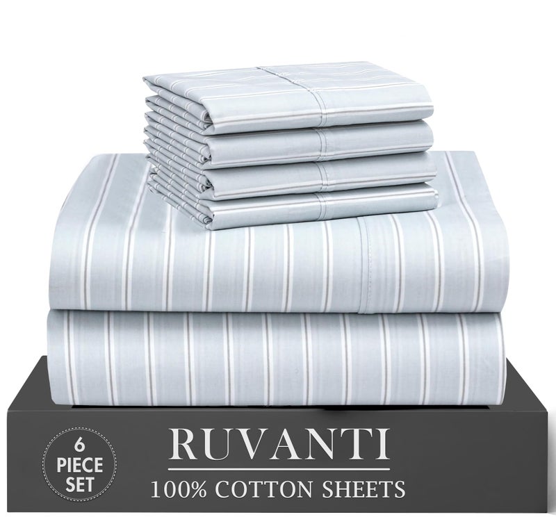 RUVANTI 6 Pcs Cotton Sheets - 100% Natural Cotton Soft, Lightweight & Breathable Crispy Percale Sheets, Full Size Bed Sheets 16" Deep Pockets, Horizon Stripes - Image 1