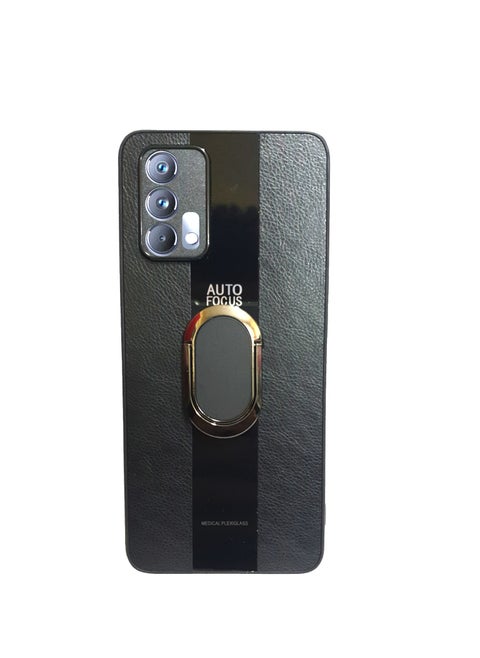 غطاء مسند للحماية من السقوط من الجلد الصلب الصلب ELMO3EZZ مع حامل وحلقة لهاتف Realme Gt (أسود)