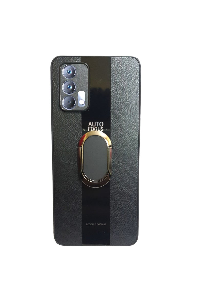 غطاء مسند للحماية من السقوط من الجلد الصلب الصلب ELMO3EZZ مع حامل وحلقة لهاتف Realme Gt (أسود)