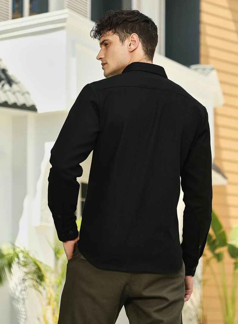 Campus Sutra Men's Midnight Black Slanted-Trough Shirt