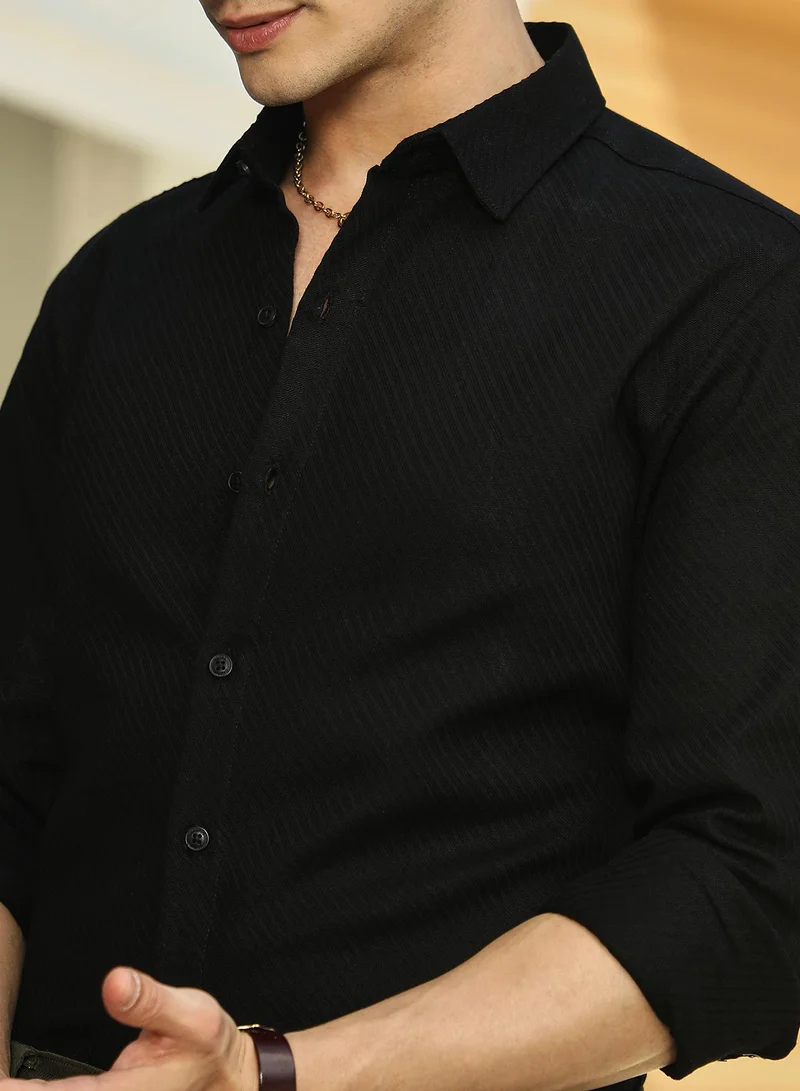 Campus Sutra Men's Midnight Black Slanted-Trough Shirt