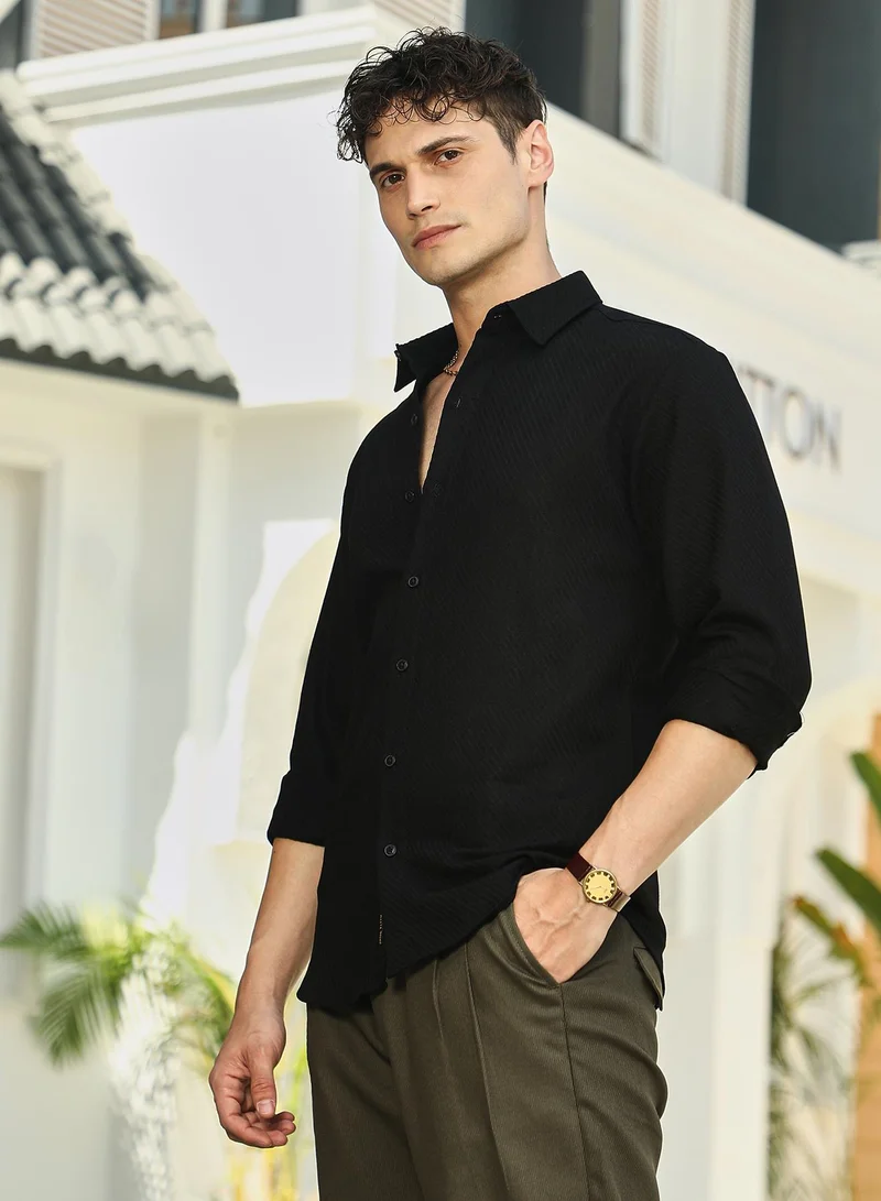 Campus Sutra Men's Midnight Black Slanted-Trough Shirt
