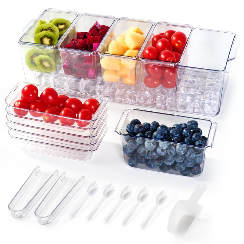 Luckore Chilled Condiment Tray Server with 5 Containers & Removable Compartments, Large Ice Chilled Condiment Organizer, Clear Garnish Serving Tray Platter for Fruit, Salad, Food, Bar Accessories - Image 1