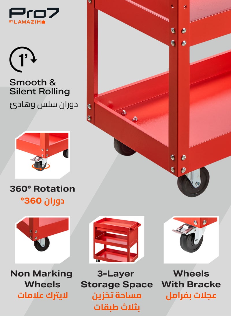 LAWAZIM Pro7 Tool Storage Cart with Wheels -Red- Durable 3-Tier Rolling Tool Cart with Locking Drawer for Garage, Workshop and Mechanic Use - Mobile Organizer with Secure Storage and Easy Maneuverability - Image 4