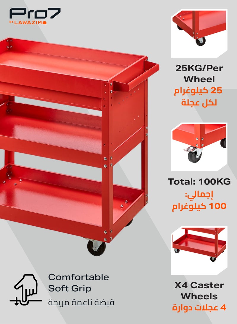 LAWAZIM Pro7 Tool Storage Cart with Wheels -Red- Durable 3-Tier Rolling Tool Cart with Locking Drawer for Garage, Workshop and Mechanic Use - Mobile Organizer with Secure Storage and Easy Maneuverability - Image 5