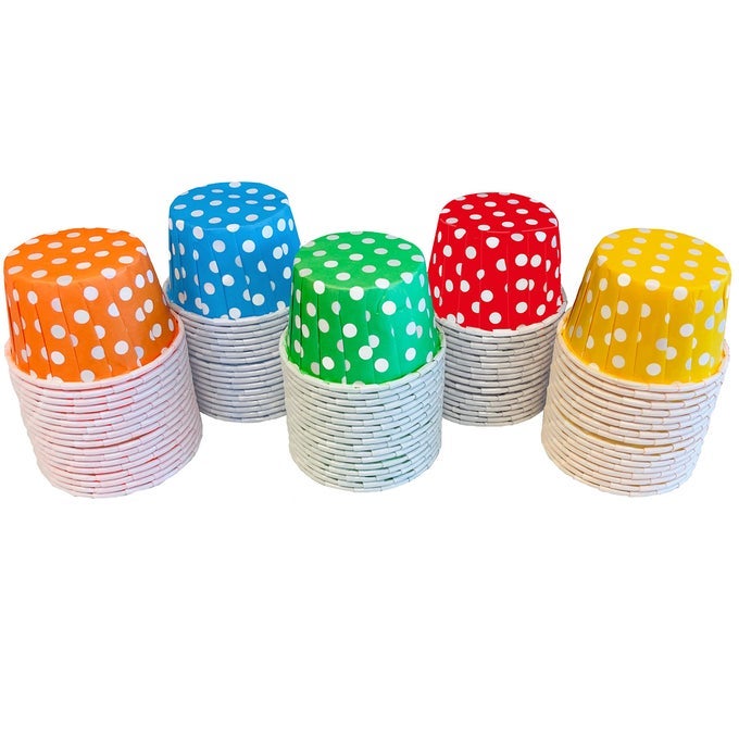 RAINBOW COLORS MINI CANDY NUT PAPER CUPS MINI BAKING LINERS RED ORANGE YELLOW GREEN BLUE POLKA DOT 100 PACK