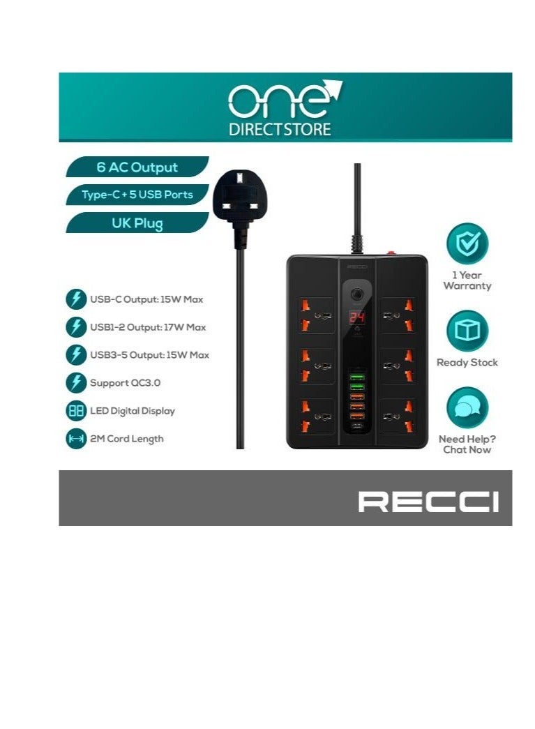 Recci PD+QC UK Plug Power Socket (6 AC Outlets, Type-C + 5 USB Ports - Image 2
