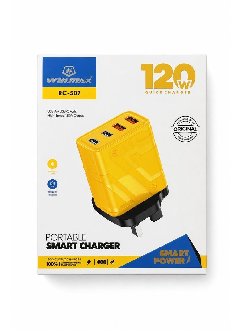 Winmax A charger with USB and USB-C ports, compatible with iPhone 17, 16, 15, 14, iPad, and Samsung, with 4 ports, 120W power, fast charging, and multiple protections. - Image 2