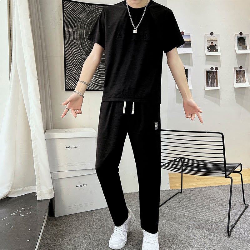 2023 New Style summer mens casual suit casual suit mens sports long pants short sleeve wholesale Black 