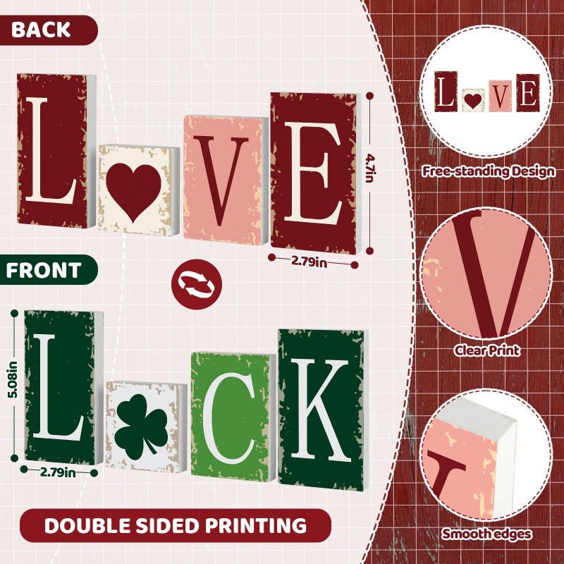 Sereliy 4PCS Valentine's Day Tiered Tray Decor Rustic Valentines and St. Patrick's Love Luck Wooden Blocks Signs for Home Mantel Office Shelf Decor (Colorful) - Image 2