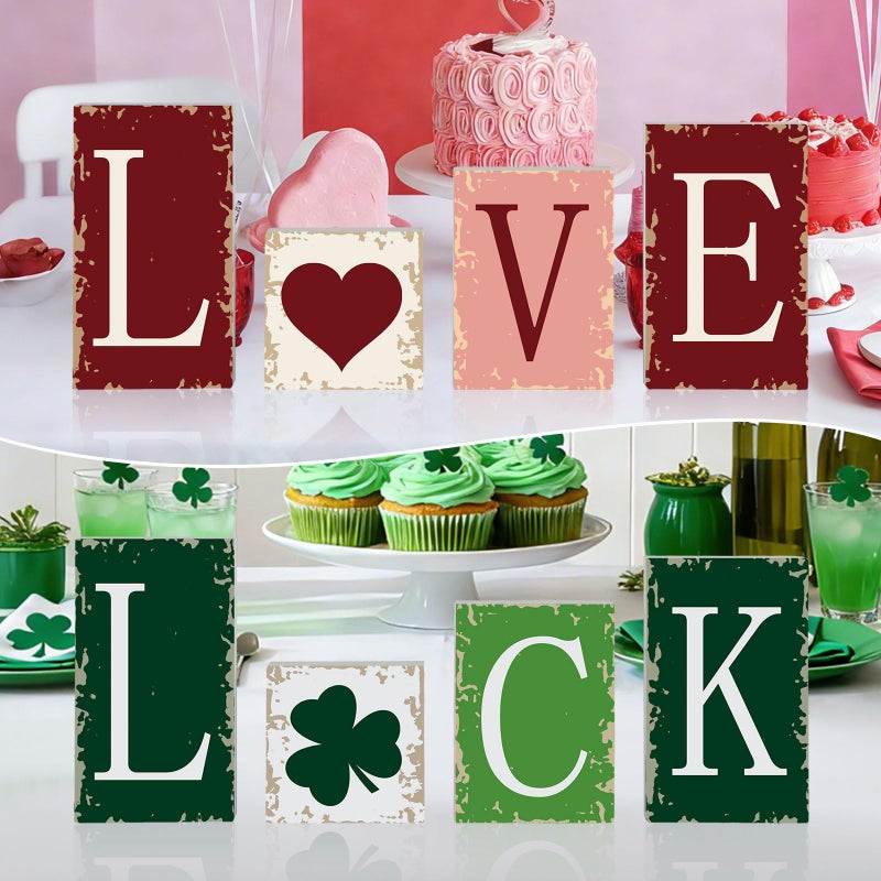 Sereliy 4PCS Valentine's Day Tiered Tray Decor Rustic Valentines and St. Patrick's Love Luck Wooden Blocks Signs for Home Mantel Office Shelf Decor (Colorful) - Image 3