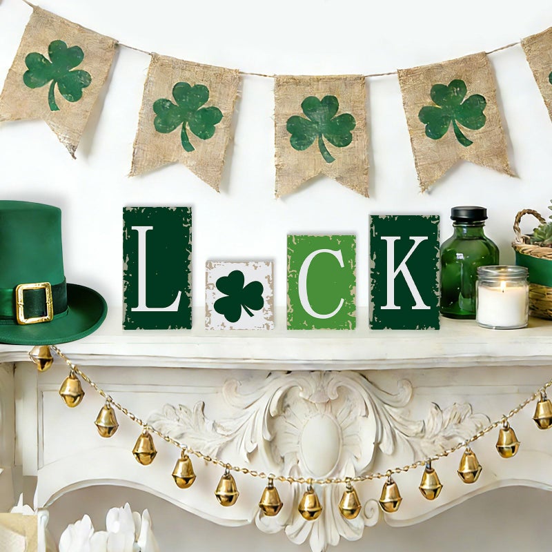 Sereliy 4PCS Valentine's Day Tiered Tray Decor Rustic Valentines and St. Patrick's Love Luck Wooden Blocks Signs for Home Mantel Office Shelf Decor (Colorful) - Image 5