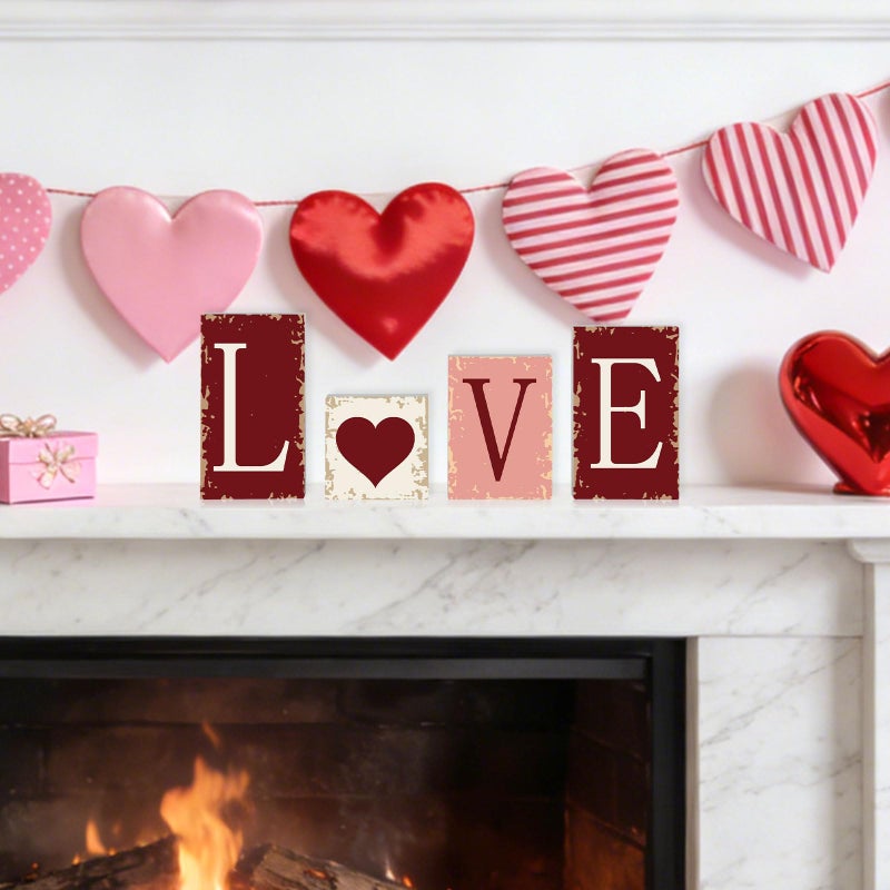 Sereliy 4PCS Valentine's Day Tiered Tray Decor Rustic Valentines and St. Patrick's Love Luck Wooden Blocks Signs for Home Mantel Office Shelf Decor (Colorful) - Image 4