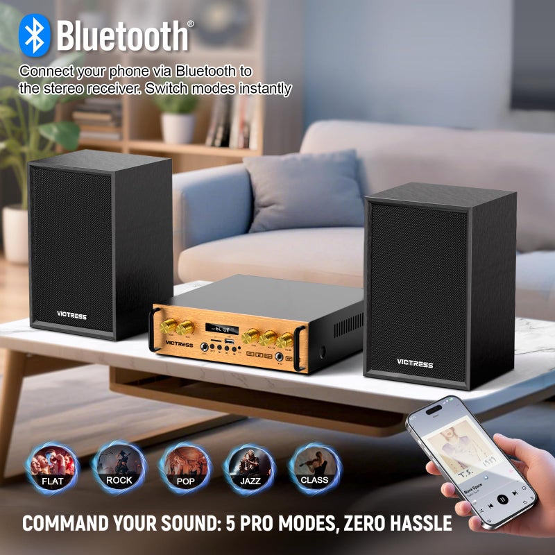 VICTRESS Bluetooth Audio Amplifier, UHF Wireless Microphone System with 2.1 Channel HiFi External Speaker with USB/TF/FM/TWS, Treble and Bass Adjustment for Party, Home KTV, Conference, Church - Image 4