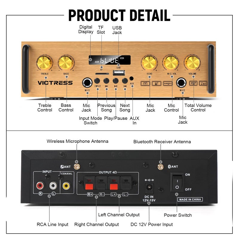 VICTRESS Bluetooth Audio Amplifier, UHF Wireless Microphone System with 2.1 Channel HiFi External Speaker with USB/TF/FM/TWS, Treble and Bass Adjustment for Party, Home KTV, Conference, Church - Image 3