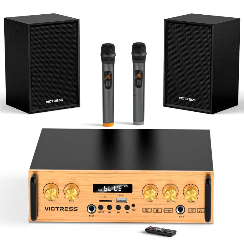 VICTRESS Bluetooth Audio Amplifier, UHF Wireless Microphone System with 2.1 Channel HiFi External Speaker with USB/TF/FM/TWS, Treble and Bass Adjustment for Party, Home KTV, Conference, Church - Image 1
