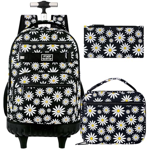 GXTVO Girls Rolling Backpack, Women Roller Bookbag with Lunch Box for Adults, Water Resistant Wheeled School Bag for College Teens Kids Travel - Black Flower - Image 1