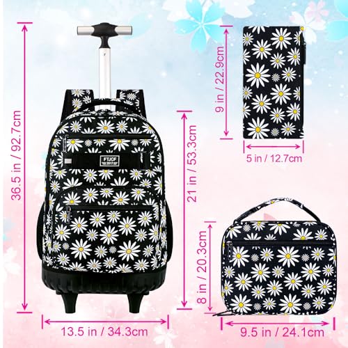 GXTVO Girls Rolling Backpack, Women Roller Bookbag with Lunch Box for Adults, Water Resistant Wheeled School Bag for College Teens Kids Travel - Black Flower - Image 4
