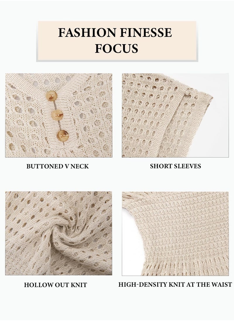 SYOSI - Women's Summer Beach Swimsuits Summer 2024 Cover Up Crochet Mini Dress V Neck Beachwear Short Sleeve Crochet Coverup Dress Sun protective clothing for Beach Travel Vacation Apricot Grey L - Image 1