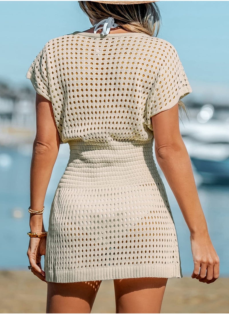 SYOSI - Women's Summer Beach Swimsuits Summer 2024 Cover Up Crochet Mini Dress V Neck Beachwear Short Sleeve Crochet Coverup Dress Sun protective clothing for Beach Travel Vacation Apricot Grey L - Image 1