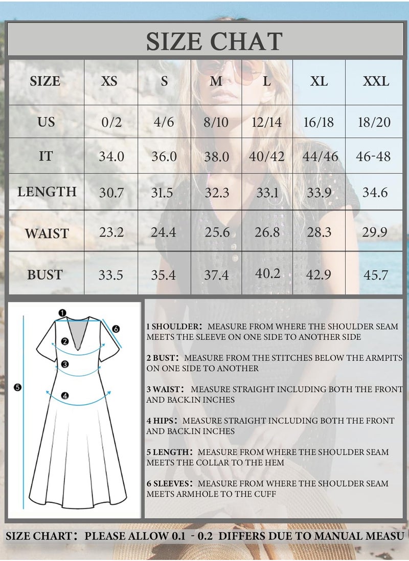SYOSI - Women's Summer Beach Swimsuits Summer 2024 Cover Up Crochet Mini Dress V Neck Beachwear Short Sleeve Crochet Coverup Dress Sun protective clothing for Beach Travel Vacation Apricot Grey L - Image 1