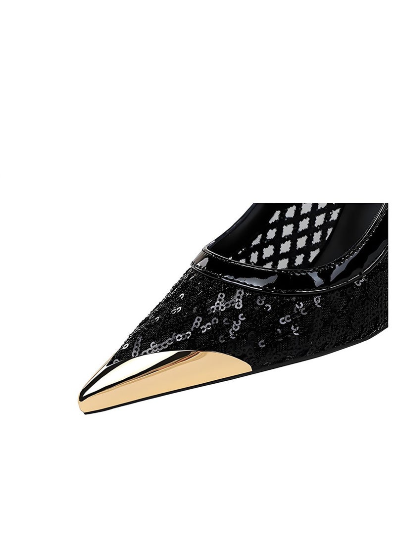 بيج تري المرأة المعدنية مغلقة أشارت إصبع القدم بائنات الكعب العالي الأحذية الأسود 9.5CM - Image 4