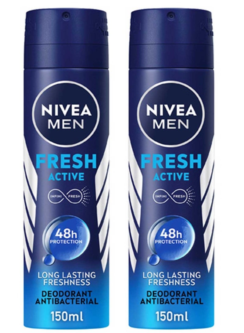 Nivea NIVEA MEN Antibacterial Deodorant Spray for Men, Fresh Active, 48H Active Protection, with Infini Fresh Formula, Long-Lasting Freshness, 2x150ml, Dual Pack - Image 1