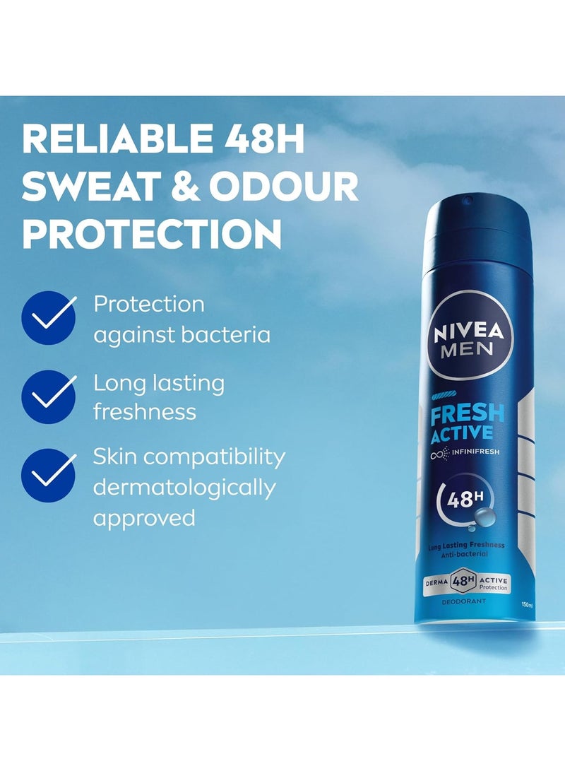 Nivea NIVEA MEN Antibacterial Deodorant Spray for Men, Fresh Active, 48H Active Protection, with Infini Fresh Formula, Long-Lasting Freshness, 2x150ml, Dual Pack - Image 2