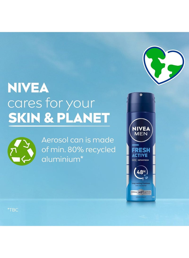 Nivea NIVEA MEN Antibacterial Deodorant Spray for Men, Fresh Active, 48H Active Protection, with Infini Fresh Formula, Long-Lasting Freshness, 2x150ml, Dual Pack - Image 5