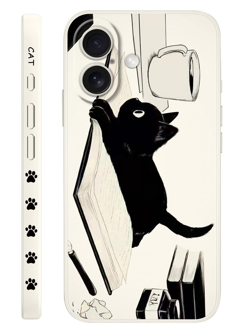 غطاء لهاتف iPhone 16 Plus مقاوم للخدوش مع بطانة من الألياف الدقيقة، غطاء سيليكون نحيف للغاية لهاتف iPhone 16 Plus بحجم 6.7 بوصة - قطة بيضاء. - Image 1